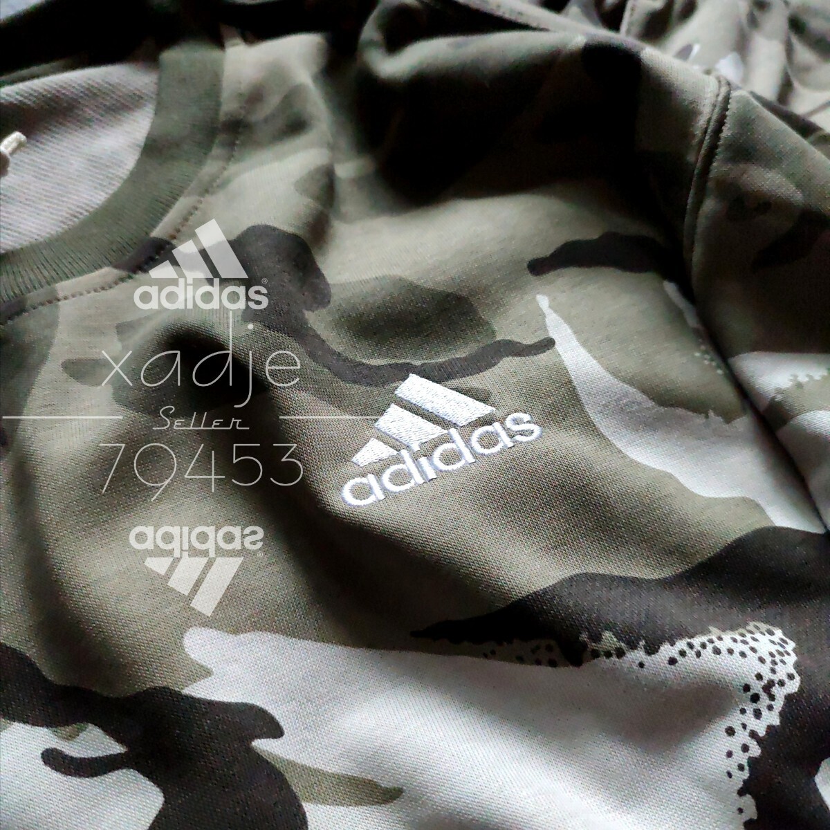新品 正規品 adidas アディダス 上下セット スウェット トレーナー セットアップ カーキ オリーブ 茶 ブラック ロゴ刺繍 総柄 迷彩 薄手 XL_画像3