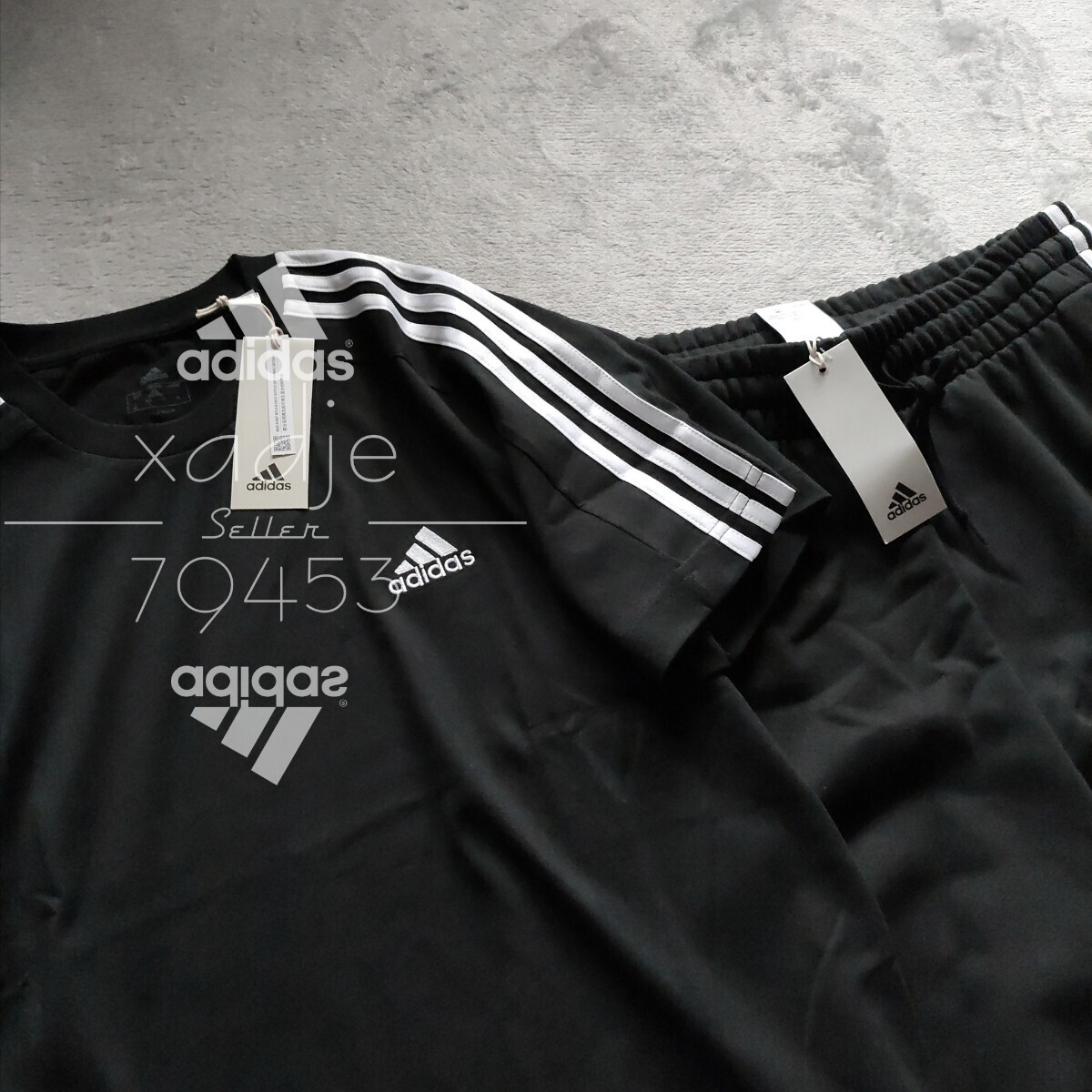 新品 正規品 adidas アディダス 上下セット Tシャツ ハーフパンツ ロゴ 刺繍 セットアップ 三本ライン 黒 ブラック 白 ホワイト 2XL_画像2