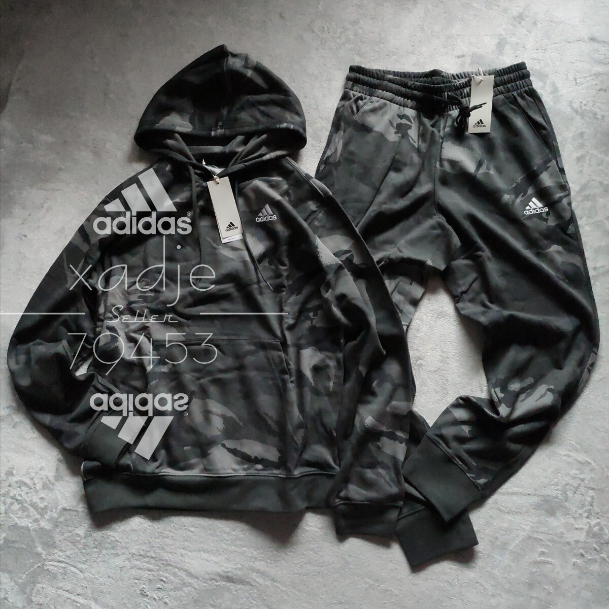  new goods regular goods adidas Adidas top and bottom set sweat setup gray charcoal black black Logo embroidery total pattern camouflage thin XL