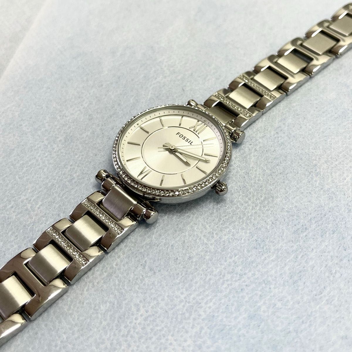 超美品　fossil フォッシル 腕時計　シルバー　ストーンベゼル　大ぶり　レディース ユニセックス　QZ メンズ時計