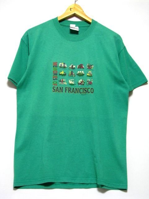 ＠美品 Hanes ヘインズ SAN FRANCISCO サンフランシスコ Tシャツt879 US古着 M 緑 フィフティーフィフティー_画像1