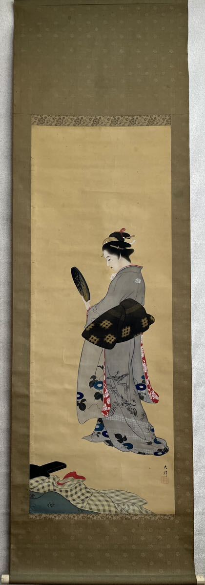 真作】三浦大幹「美人図」古い掛け軸(掛軸) 肉筆 絹本 日本画 美術品 絵画 美人画 骨董 画芯サイズ約49cm*134cm 箱なし_画像7