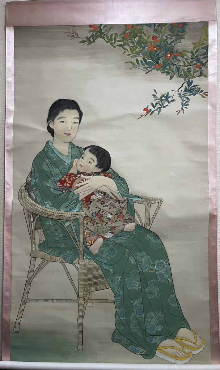 【真作】無款「婦人と子供」古い掛け軸(掛軸) 肉筆 絹本 日本画 美術品 絵画 骨董 画芯サイズ約110cm*199.5cm 大幅 箱なし_画像6