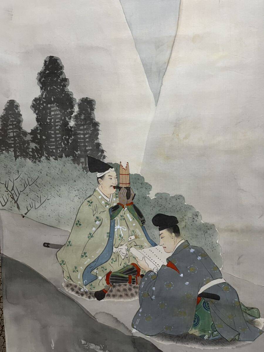 【真作】紫雲「山中武士図2」古い掛け軸(掛軸) 肉筆 絹本 日本画 美術品 絵画 骨董 画芯サイズ約50.5cm*126cm 箱なし_画像3