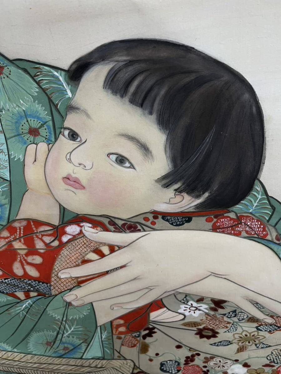 【真作】無款「婦人と子供」古い掛け軸(掛軸) 肉筆 絹本 日本画 美術品 絵画 骨董 画芯サイズ約110cm*199.5cm 大幅 箱なし_画像3