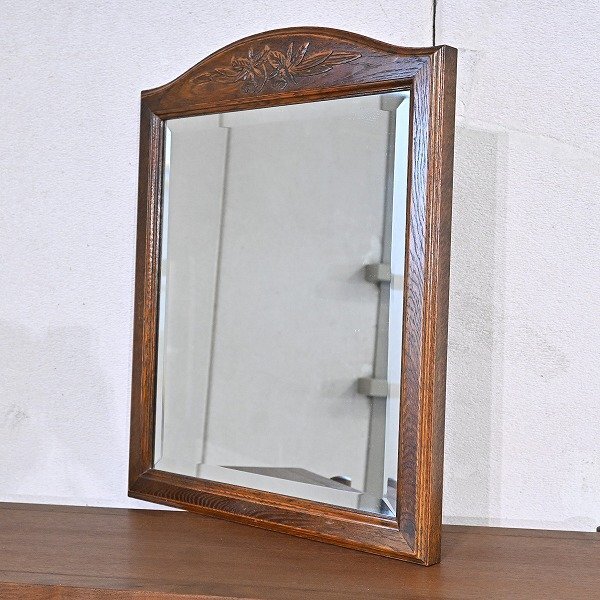 ビンテージ オーク無垢材 壁掛けミラー 鏡 彫刻 立てかけ 四角形 カントリー_ブルージュ オランダ 葉山の画像1
