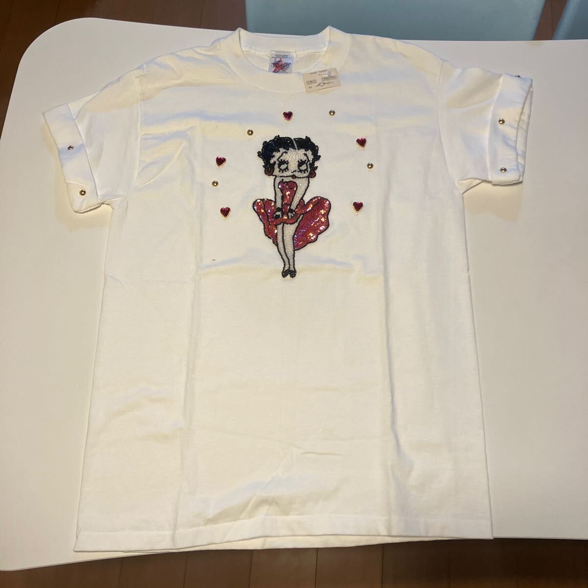 90S デットストック タグ付 ベティブープ ベティちゃん ラインストーン ビーズ スタッズ 半袖Tシャツ サイズM_画像1