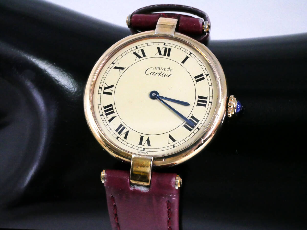 動作確認済 電池交換済み Cartier カルティエ マストヴァンドーム VERMEIL 925 腕時計 クォーツ アイボリー系文字盤_画像1
