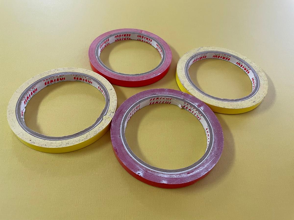 テープ　野菜　パックシーリングテープ　セキスイ　袋詰め　赤　黄色　各2本ずつ　9mm幅  USED   多少の劣化部分あり