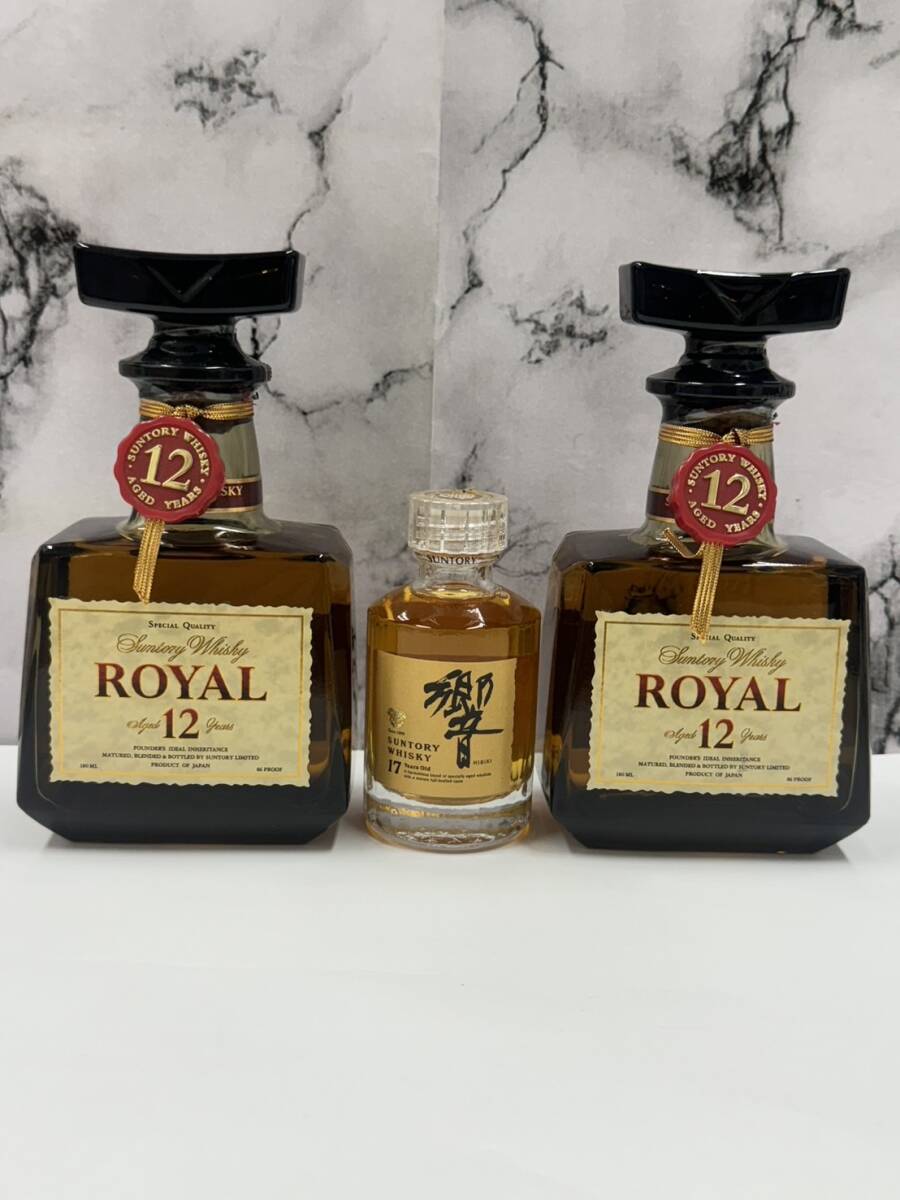 〇SUNTORY WHISKY サントリー ウイスキー 響17年 ローヤル12年 ミニボトル 3本まとめて 未開栓 古酒〇_画像1