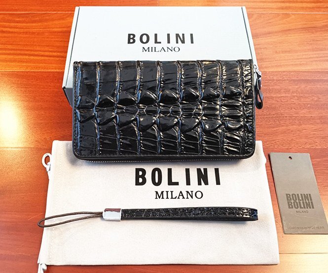 最高峰逸品*イタリア製※定価18万◆イタリア・ミラノ発*BOLINI/ボリニ・最上級牛革・クロコダイル*ラウンドファスナー 長財布・黒_画像1