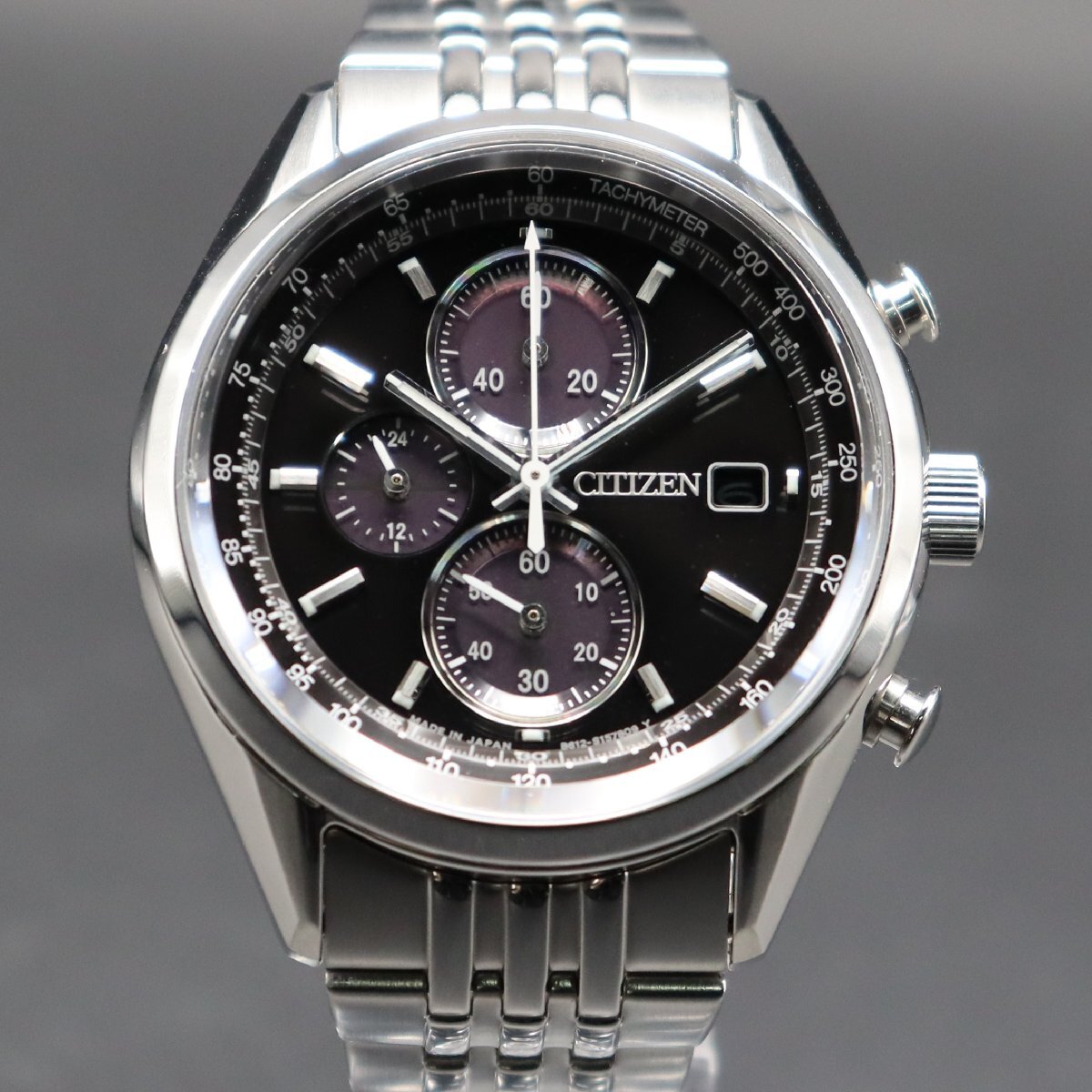 良品 CITIZEN シチズン エコドライブ クロノグラフ B612-S114837 ソーラー ブラック文字盤 24時間計 デイト 純正ブレス メンズ腕時計_画像3