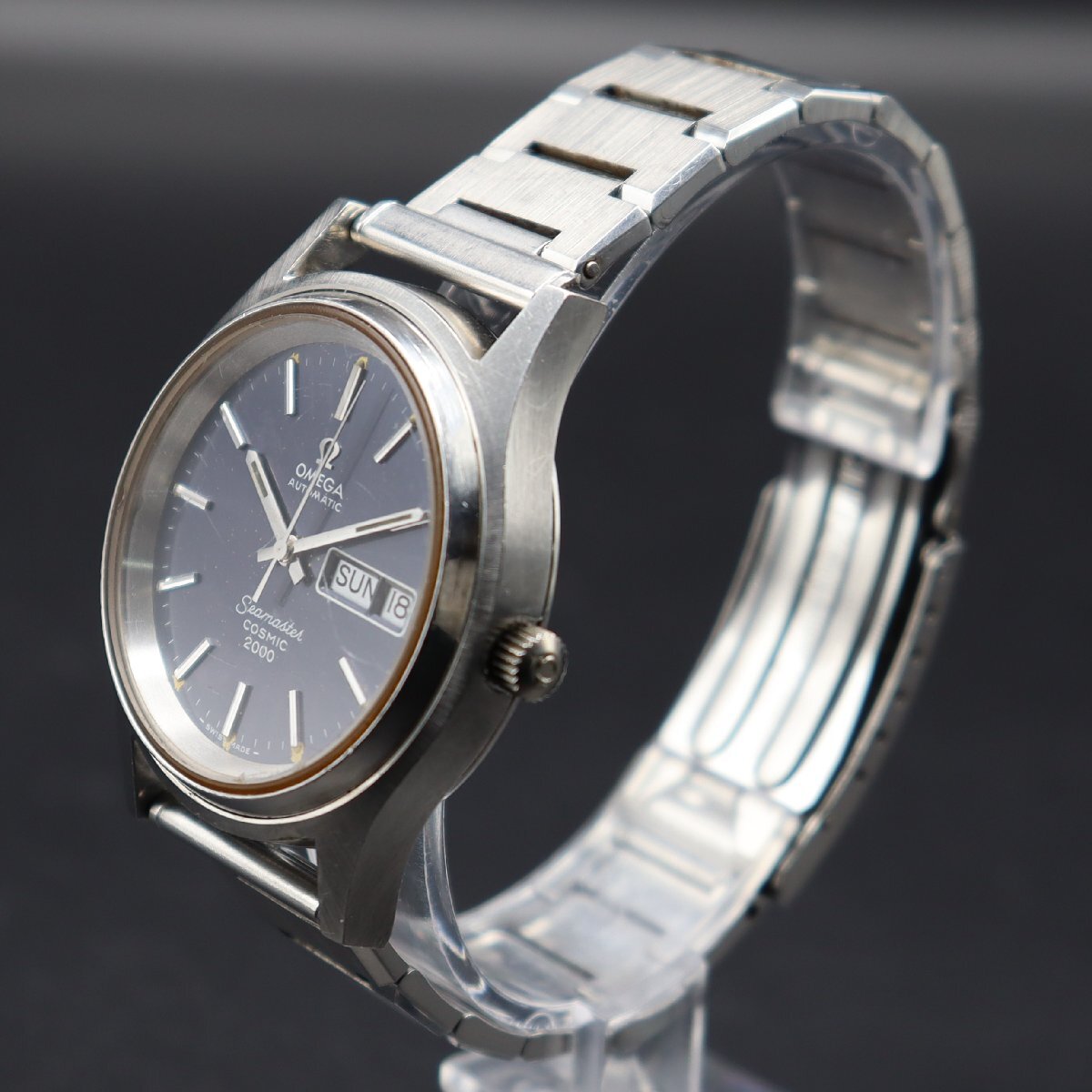 OH済 OMEGA Seamaster オメガ シーマスター コスミック 2000 自動巻 Ref.166.129 cal.1022 ネイビー文字盤 デイデイト アンティーク メンズ_画像3