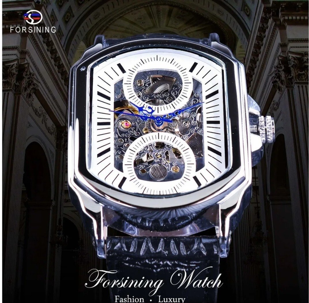 シルバー ホワイト&ブラック ダイヤスケルトン 機械式 自動巻 腕時計_画像2