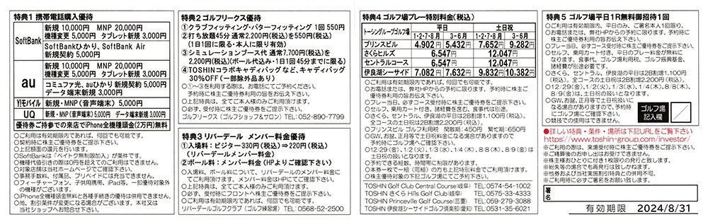 トーシン TOSHIN 株主優待券 (ゴルフ場平日1R無料招待1回) 1枚 8月31日まで 送料込_画像2