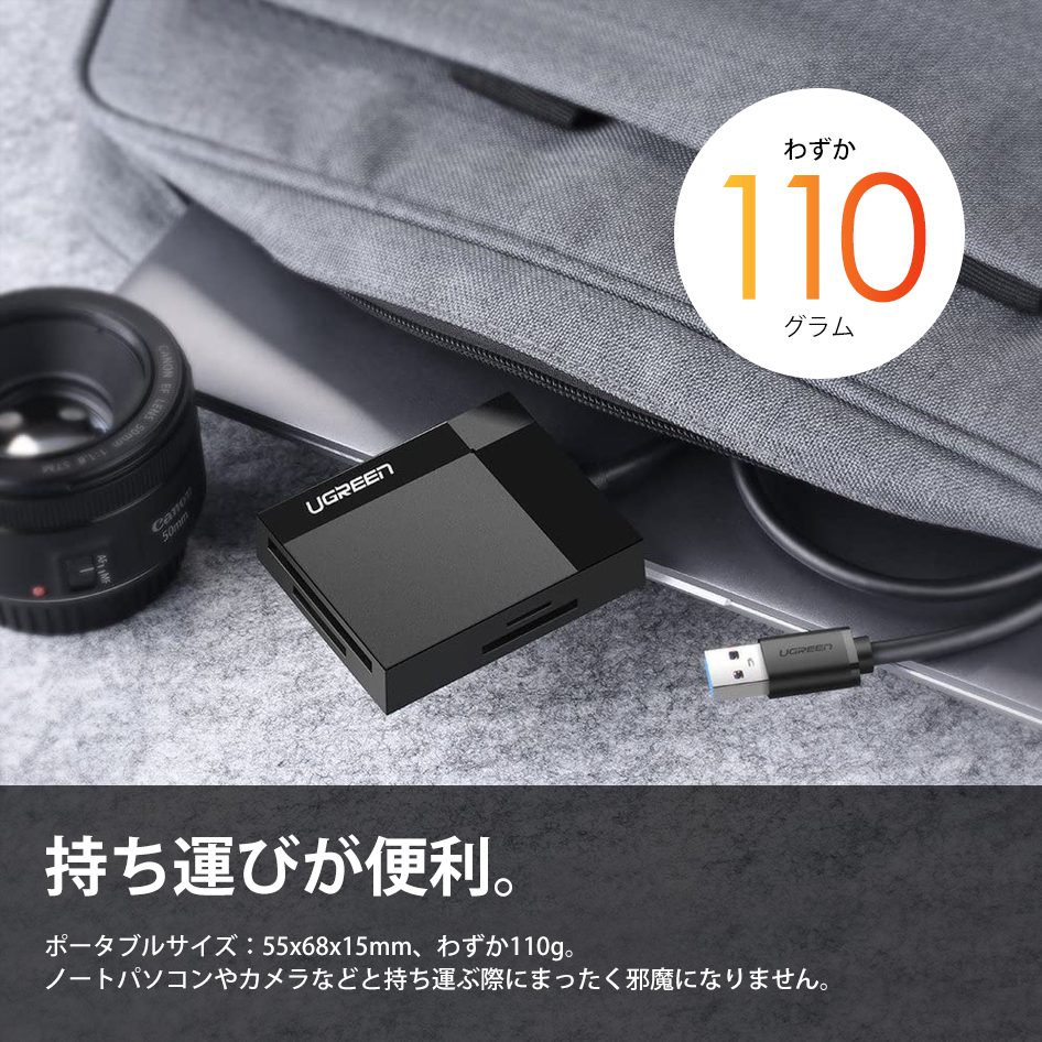 UGREEN 30229 マルチカードリーダー SD TF CF MS 4スロット拡張 USB3.0 高速 SDHC MicroSD SDXC ケーブル50cm付 定形外 送料無料