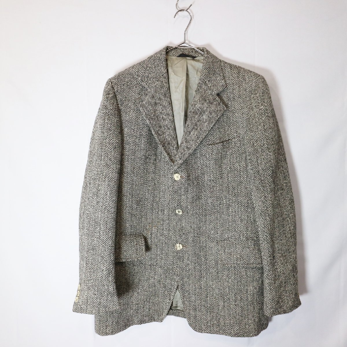 70年代 hank martin ＆ fans Ｈarris Tweed ウールテーラードジャケット スーツ フォーマル 黒×白 ( メンズ L相当 ) M5965 1円スタート_画像1