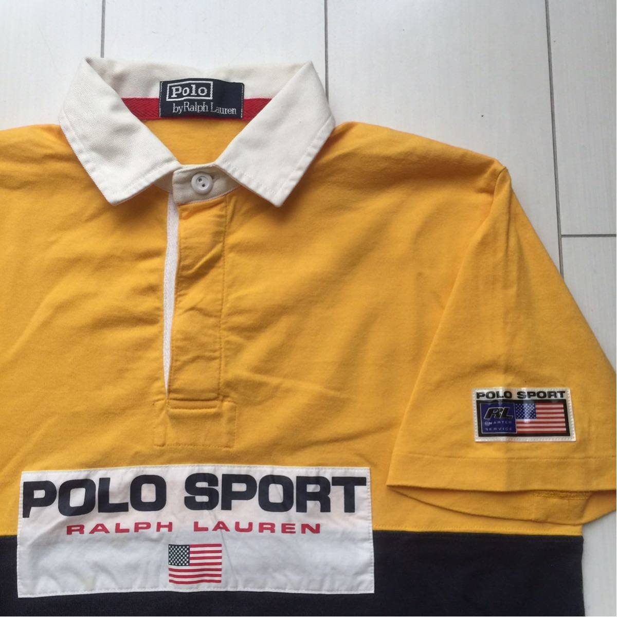 送料無料 90s vintage ビンテージ POLO SPORT ラルフローレン ポロスポーツ ラガー シャツ 星条旗 ワッペン snow beach 1992 93 RRL 黄 紺