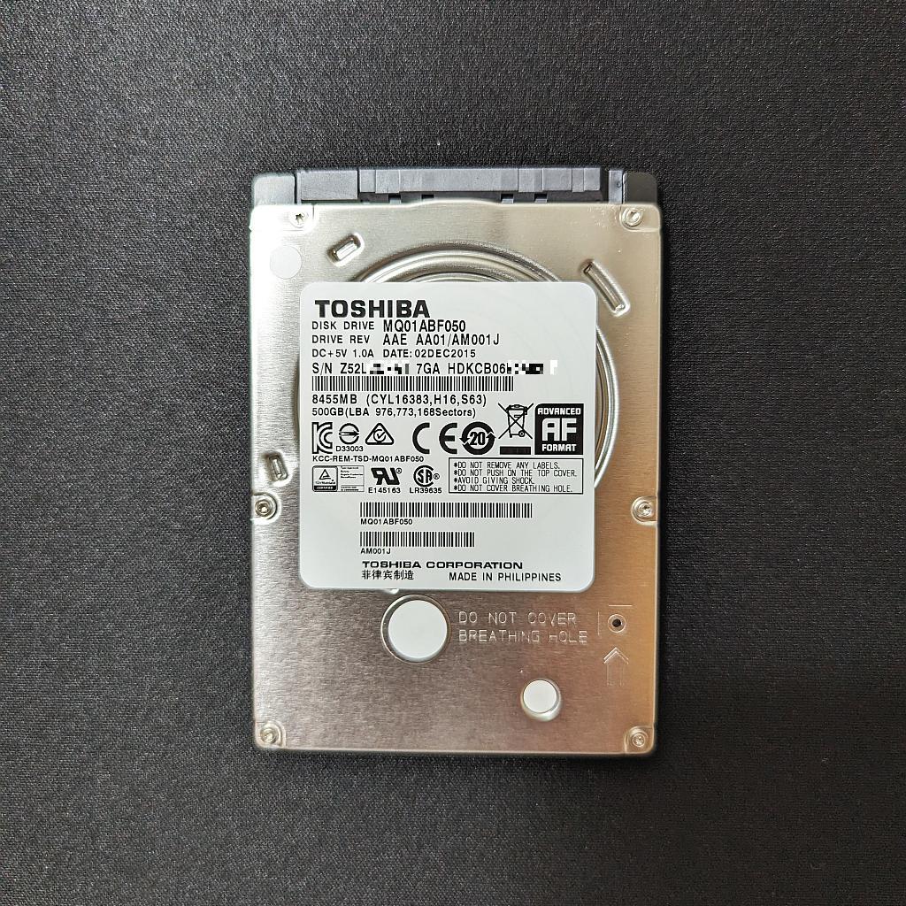 【動作確認済】HDD 500GB TOSHIBA MQ01ABF050 中古 TOSHIBA SATA600 CMR 2.5インチ【送料込】の画像1
