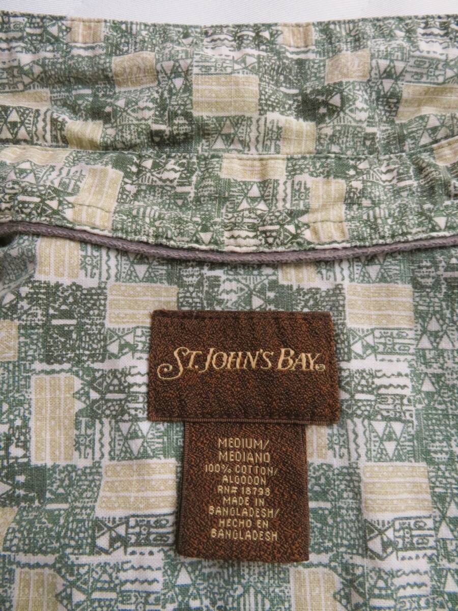 ST.JOHN'S BAY セントジョンズベイ 幾何学柄 半袖シャツ ボックス型 緑カーキ サイズM 綿 コットン 送料無料_画像2
