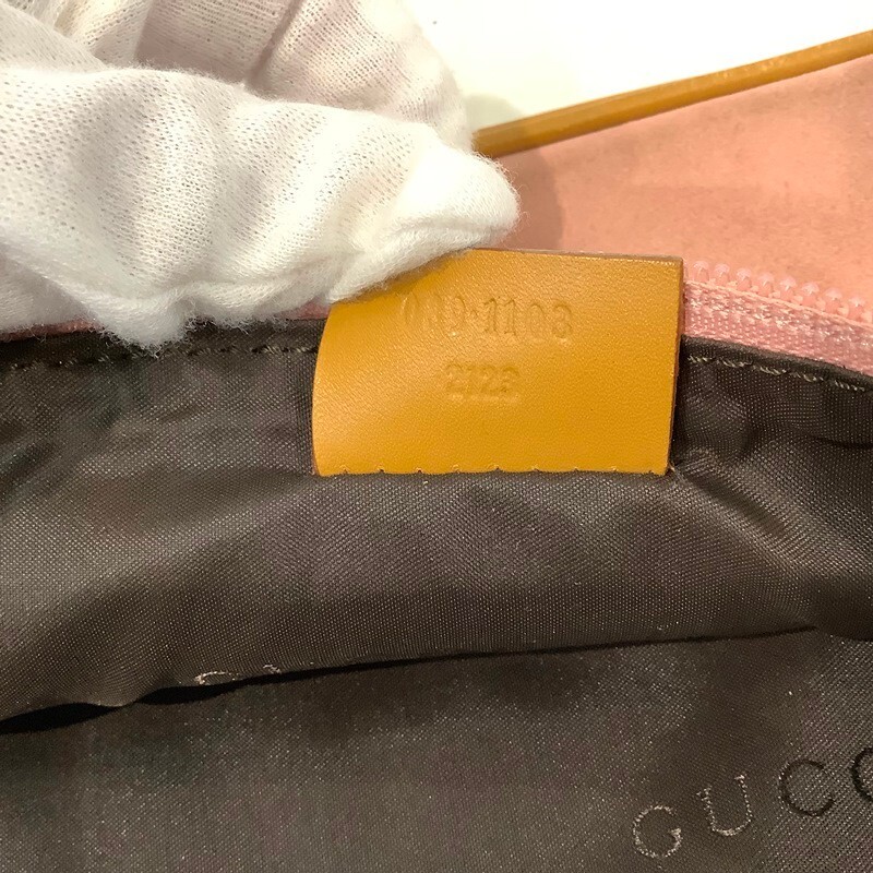 グッチ（GUCCI）スエード ハンドバッグ ハンドポーチ アクセサリーポーチ 039・1103・2123 ロゴプレート ピンク 表面汚れ【中古】KB-8389_画像10