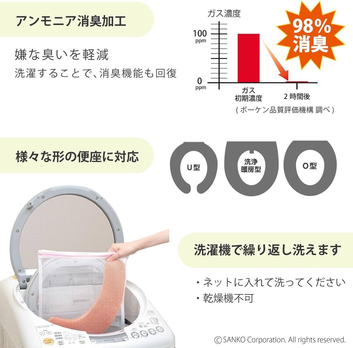 【日本製 消臭 洗える】サンコー ずれない ふんわりタイプ トイレ 便座カバー 15mm パンプキン オレンジ おくだけ吸着 KI_画像5