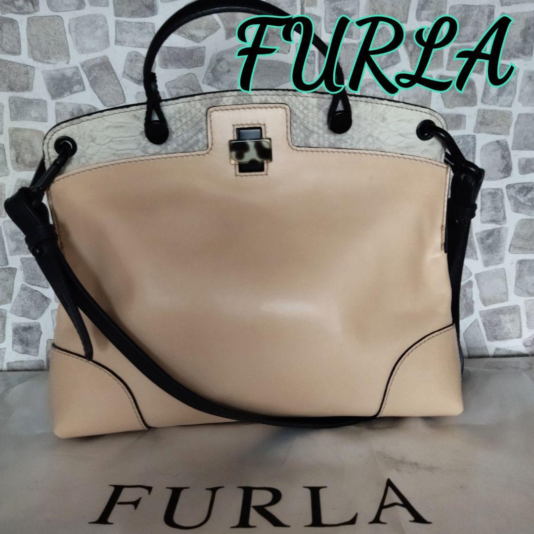 【美品】FURLA ハンドバック 肩がけ 本革 ベージュ スネーク 上品 フルラ クロコダイル 蛇_画像1