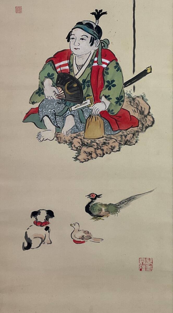 真作】《掛軸》平尾竹霞 桃太郎 絹本 箱有 日本画 南画 田能村 真作】《掛軸》平尾竹霞 桃太郎 絹本 箱有 日本画 南画 田能村