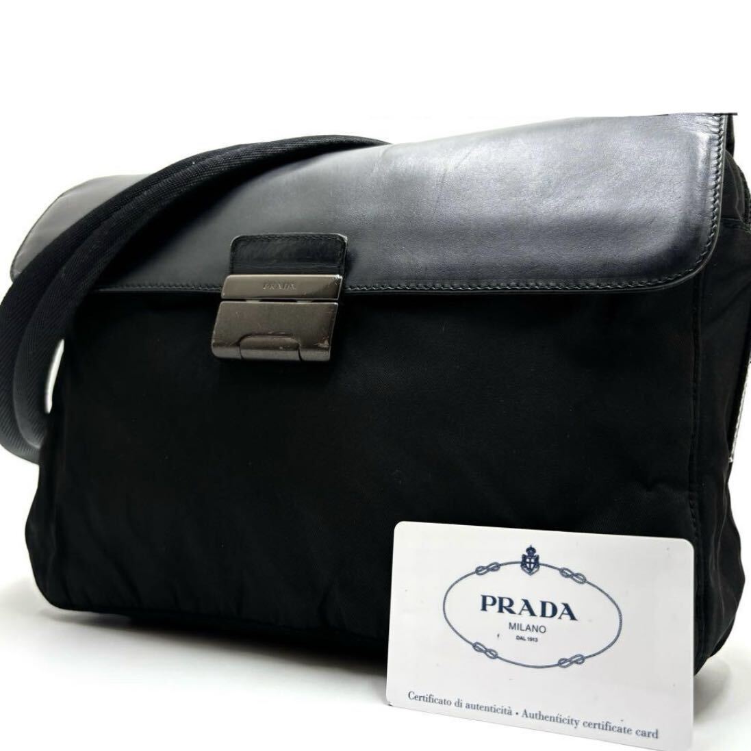 【希少/最高級品】PRADA プラダ ショルダーバッグ メッセンジャー 斜め掛け 三角ロゴプレート テスートナイロン レザー 革 ブラック 黒_画像1