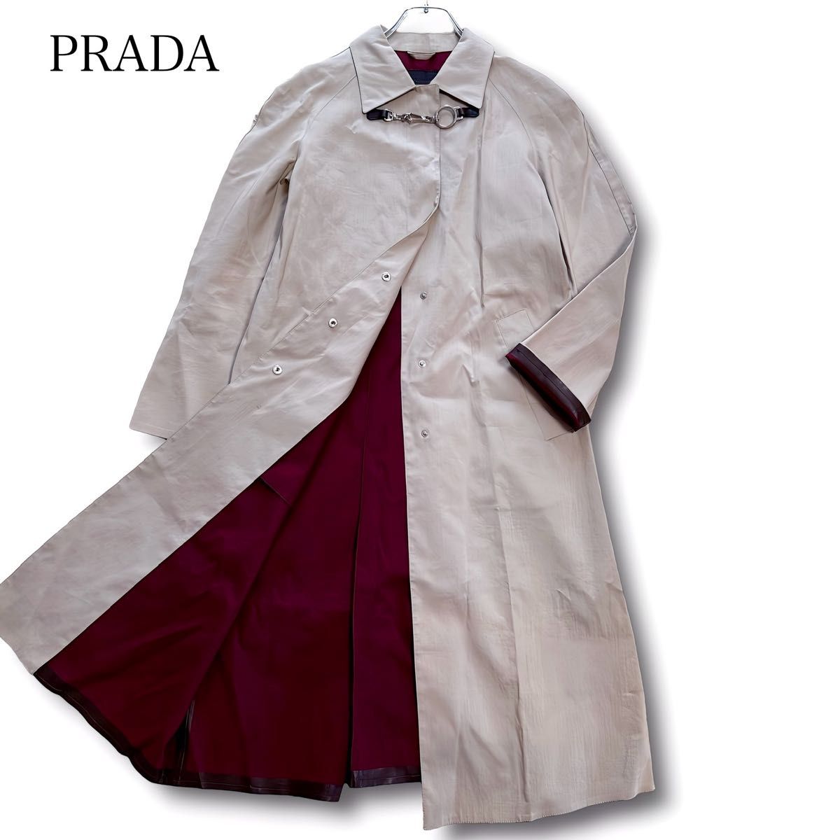 PRADA プラダ ステンカラーコート ゴム引き フロントフック スプリングコート ロングコート イタリア製 ベージュ レッド