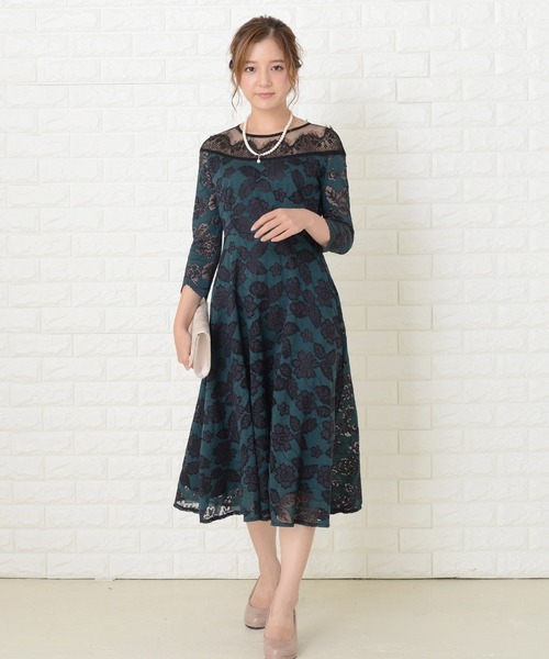 「Lace Ladies」 7分袖ワンピース M グリーン レディース_画像1