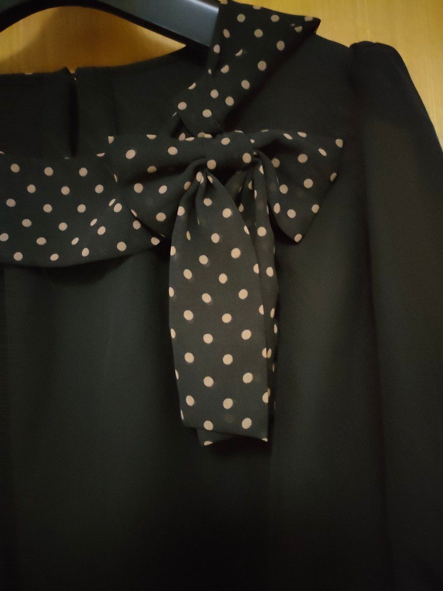 プライベートレーベル 透け感ある半袖トップス　襟ぐり、袖口、裾に黒に茶の水玉　リボン　サイズМ