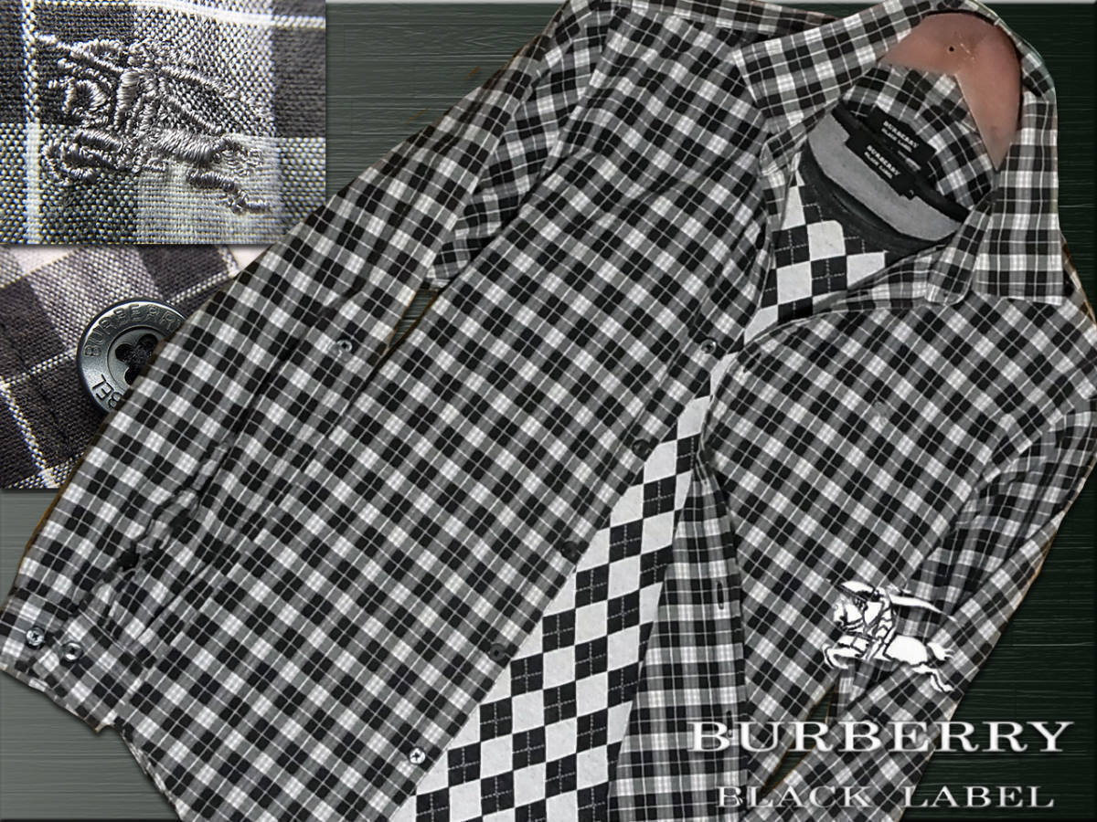 美品！ブラックチェック　総柄　長袖シャツ　ナイト刺繍入　サイズM▼バーバリーブラックレーベル BURBERRY BLACK LABEL_画像1