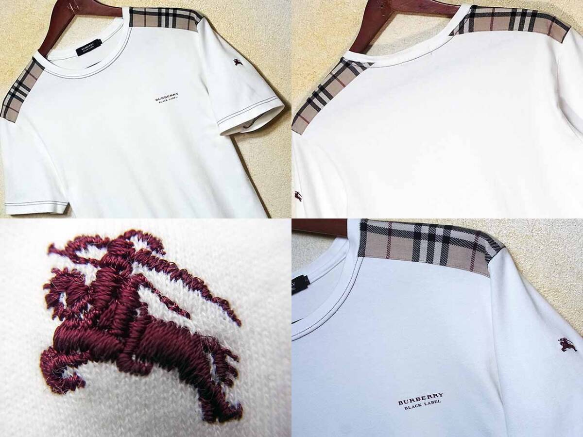 大人気！肩チェック　ホワイト　半袖　Tシャツ　カットソー　ナイト刺繍入　サイズM▼バーバリーブラックレーベル BURBERRY BLACK LABEL