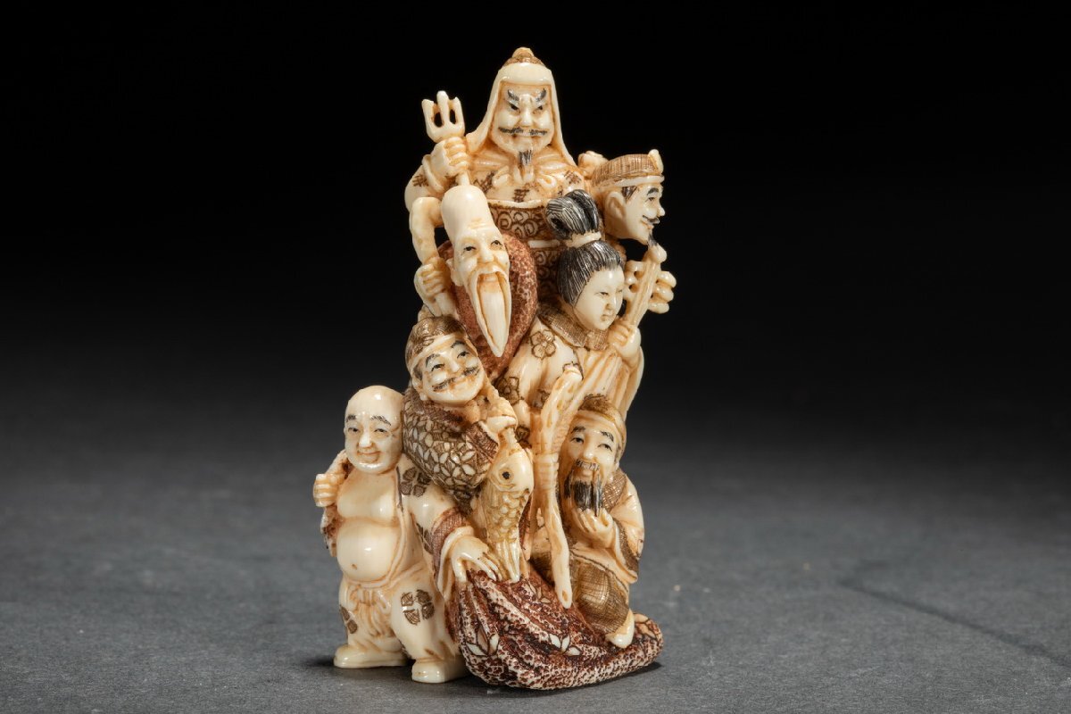 [. old .]. famous auction buying go in Edo ~ Meiji era thing Special kind white material Seven Deities of Good Luck . netsuke .. thing gorgeous core charge use antique goods old fine art 0508-41S35