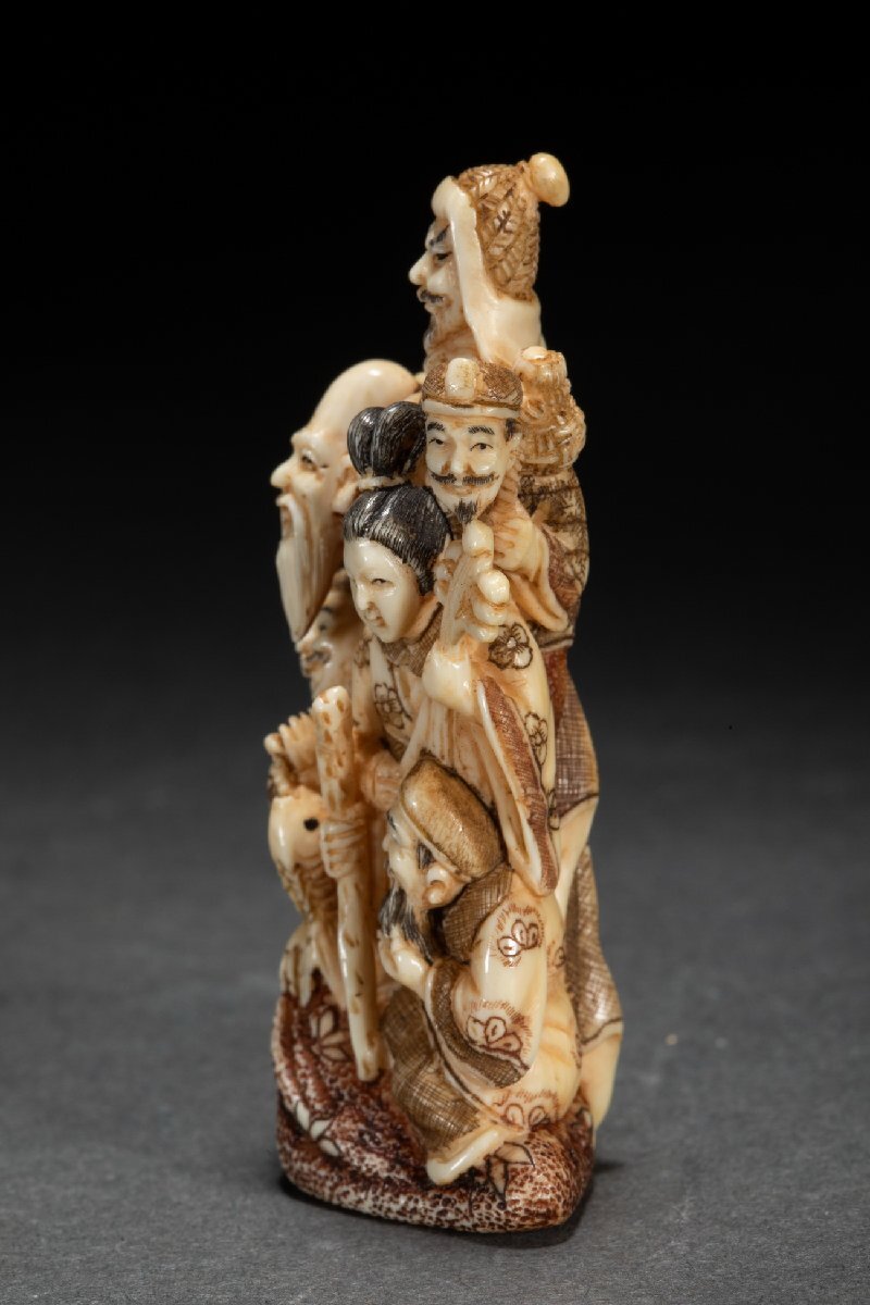[. old .]. famous auction buying go in Edo ~ Meiji era thing Special kind white material Seven Deities of Good Luck . netsuke .. thing gorgeous core charge use antique goods old fine art 0508-41S35