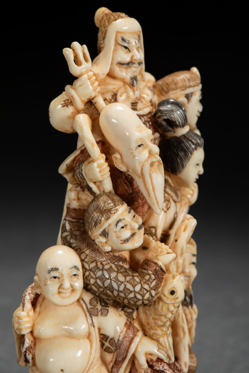 [. old .]. famous auction buying go in Edo ~ Meiji era thing Special kind white material Seven Deities of Good Luck . netsuke .. thing gorgeous core charge use antique goods old fine art 0508-41S35