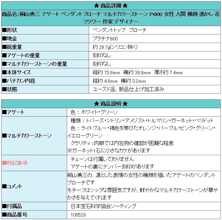 桐山勇三 アゲート ペンダントブローチ カメオ マルチカラーストーン Pt900 女性 人間 横顔 透かし 花 作家 送料無料 美品 中古 SH108528_画像7