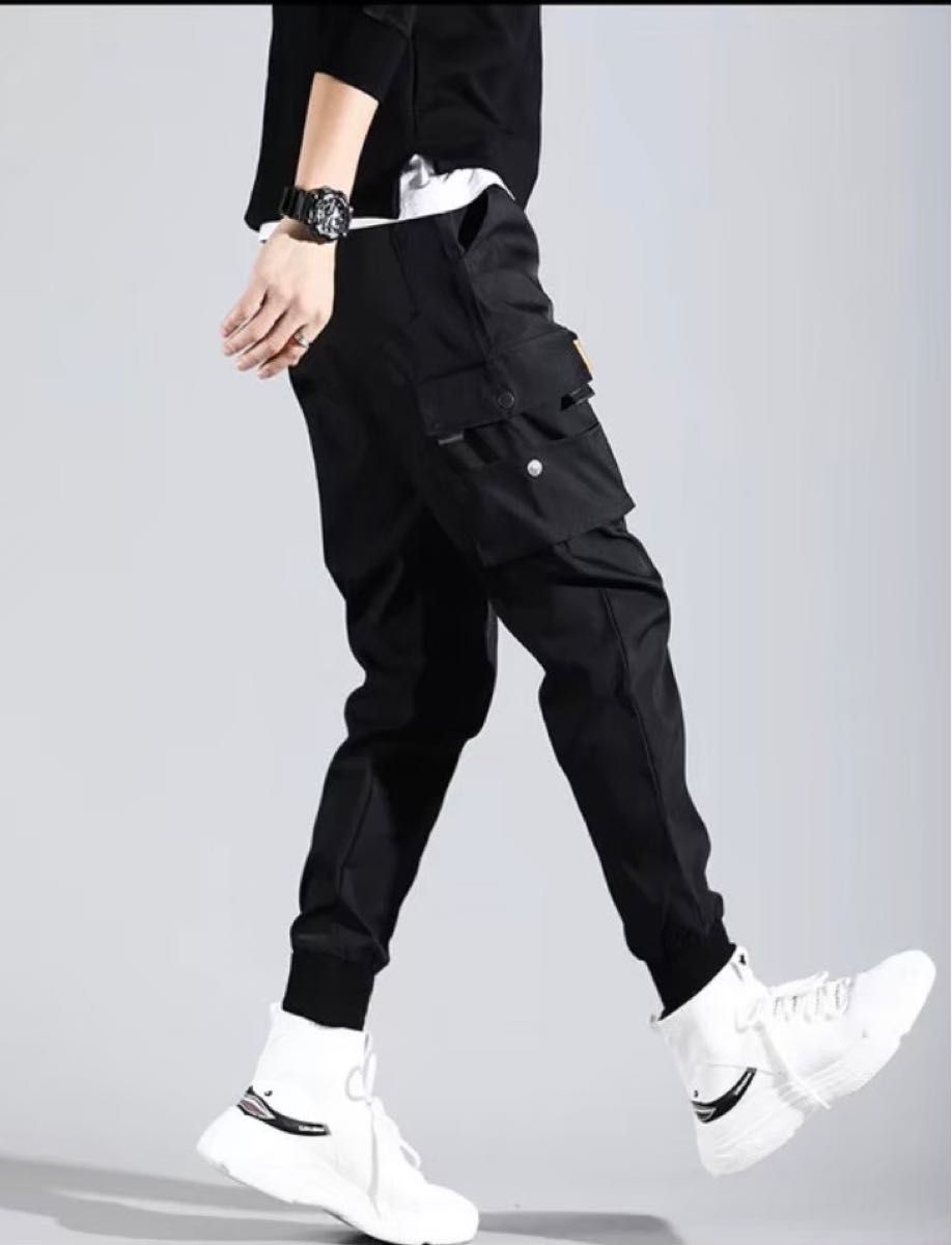 黒　メンズ ストリート系 カーゴ ジョガーパンツ  ワークパンツ  かっこいい　 細身　ダンス衣装　おしゃれ