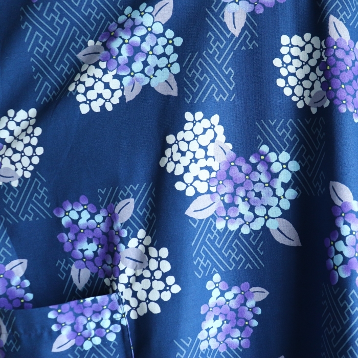 紫陽花 ワンピース ポケット付き 紺色 ネイビー和柄 あじさい 花柄 綿100 大きいサイズハンドメイドの画像8