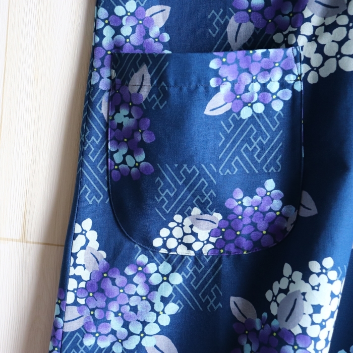 紫陽花 ワンピース ポケット付き 紺色 ネイビー和柄 あじさい 花柄 綿100 大きいサイズハンドメイドの画像9