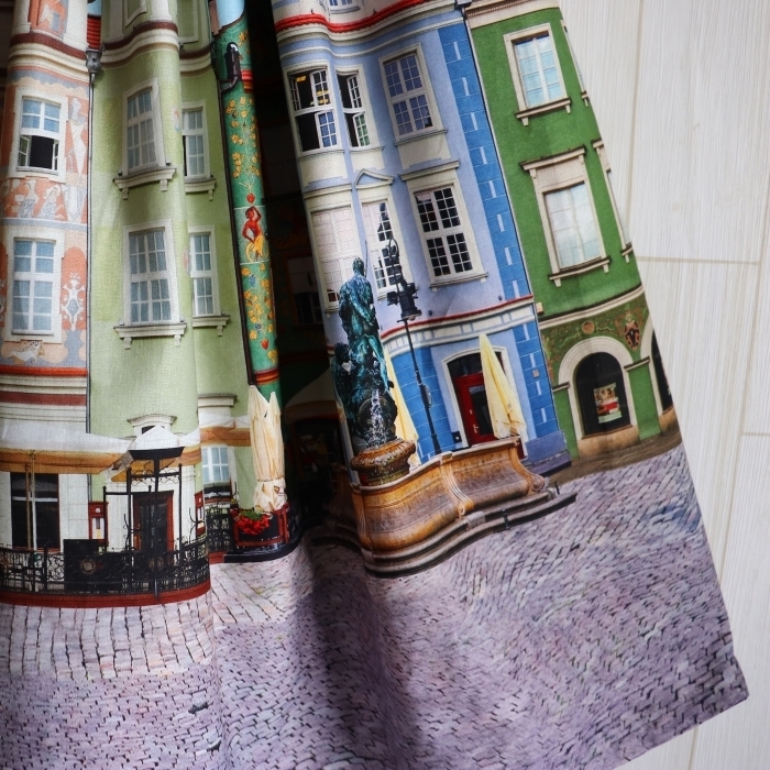 ウエスト総ゴム ギャザー スカート 丈76cm 青空とヨーロッパの街並み ブルー 裏地つき ハンドメイド_画像5