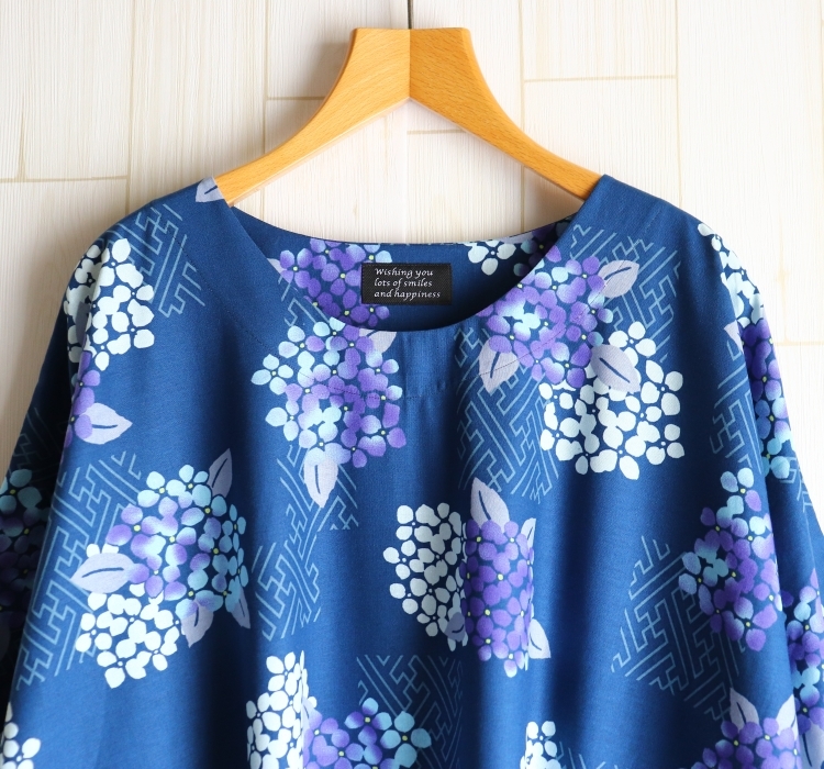 紫陽花 ワンピース ポケット付き 紺色 ネイビー和柄 あじさい 花柄 綿100 大きいサイズハンドメイドの画像5