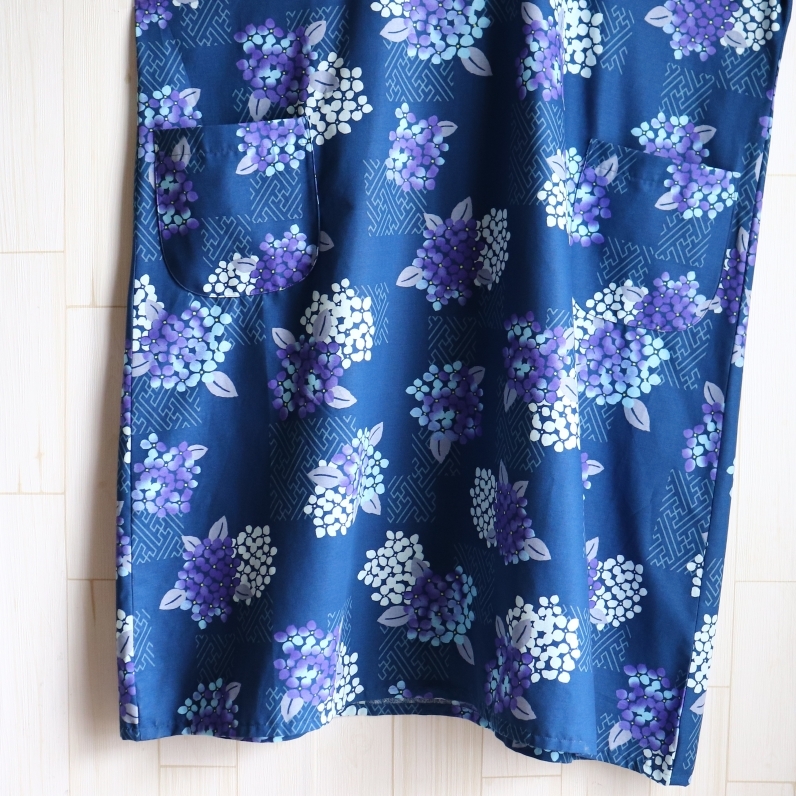 紫陽花 ワンピース ポケット付き 紺色 ネイビー和柄 あじさい 花柄 綿100 大きいサイズハンドメイドの画像7