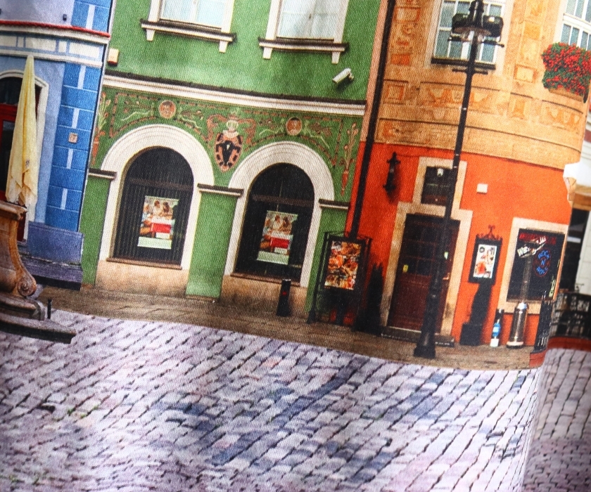 ウエスト総ゴム ギャザー スカート 丈76cm 青空とヨーロッパの街並み ブルー 裏地つき ハンドメイド_画像7