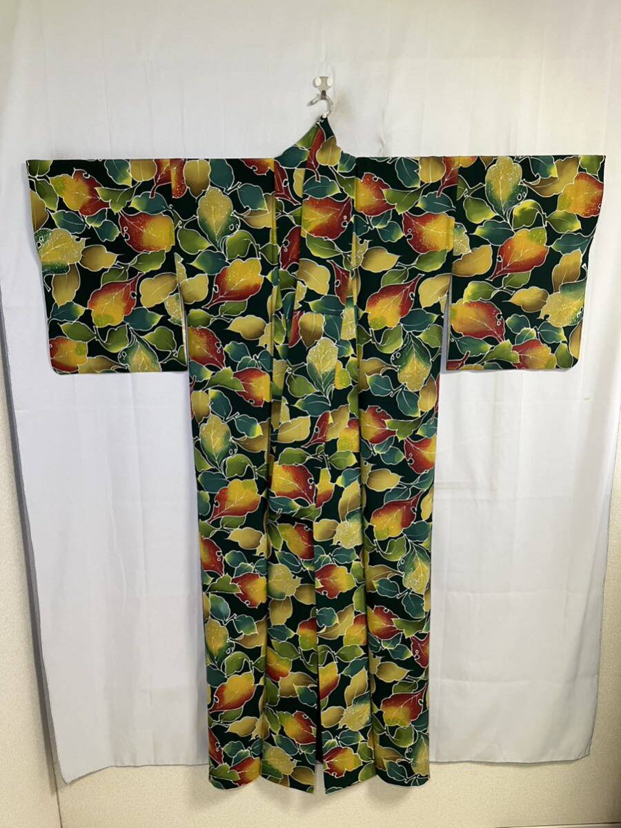  fine pattern silk bokashi colorful leaf pattern . green color ground kimono Japanese clothes Japanese clothes kimono ko-te remake costume general merchandise shop high class 