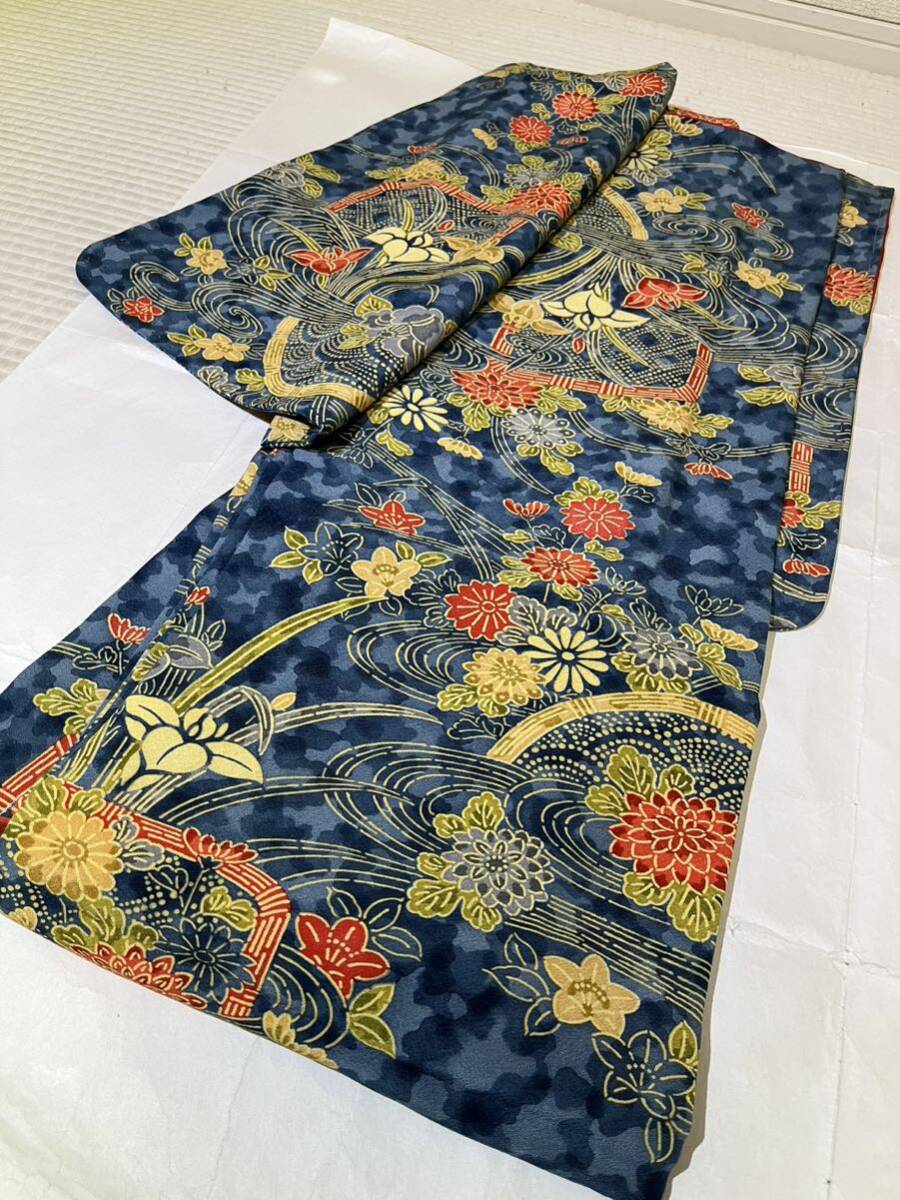  fine pattern silk bokashi ..... water navy blue color ground kimono Japanese clothes Japanese clothes kimono ko-te remake costume general merchandise shop high class 