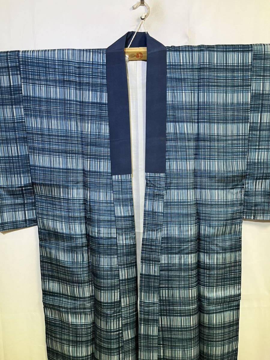  long kimono-like garment silk for man line pattern blue color ground kimono Japanese clothes Japanese clothes kimono ko-te remake dyeing change costume general merchandise shop high class 