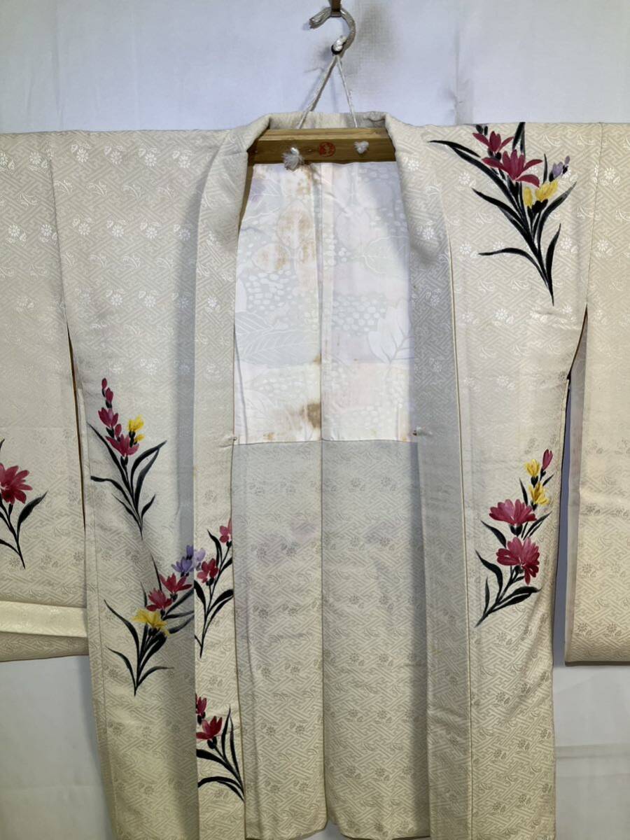  length feather woven silk .. shape colorful . flower cream color kimono Japanese clothes Japanese clothes remake dyeing change antique retro costume general merchandise shop high class 