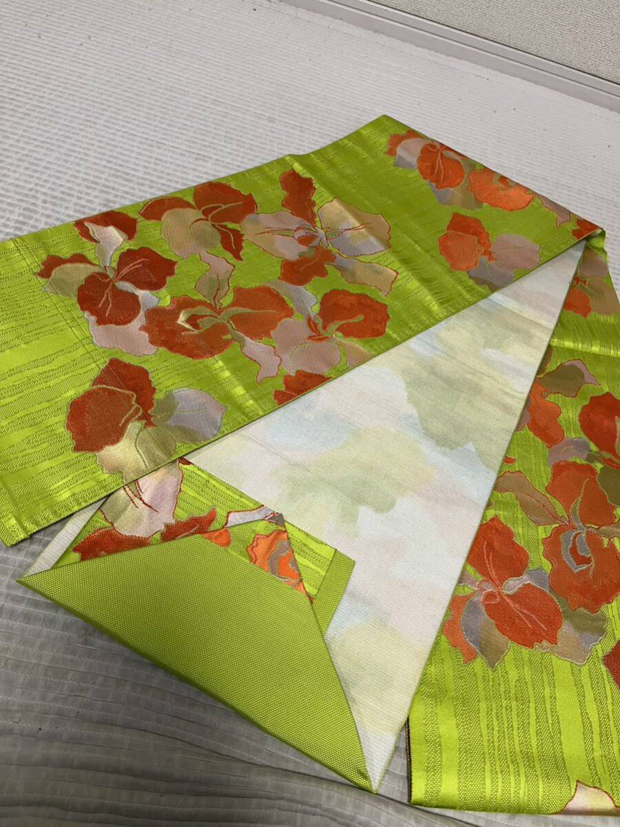  obi Nagoya obi silk colorful bokashi flower . six through pattern green color ground kimono Japanese clothes Japanese clothes kimono ko-te remake costume general merchandise shop high class 